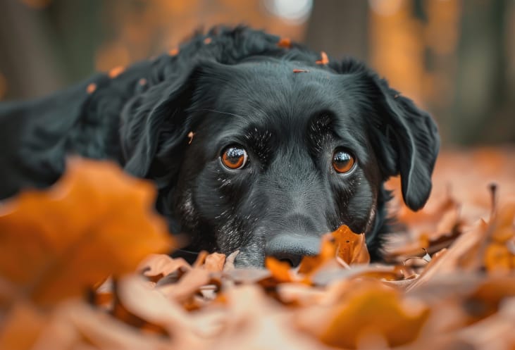 Black dog in leaves