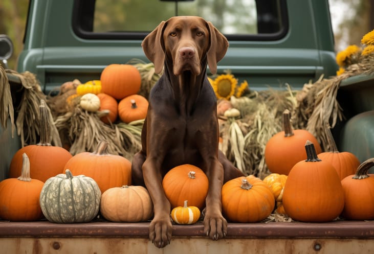 Dog in truck with pumpkins