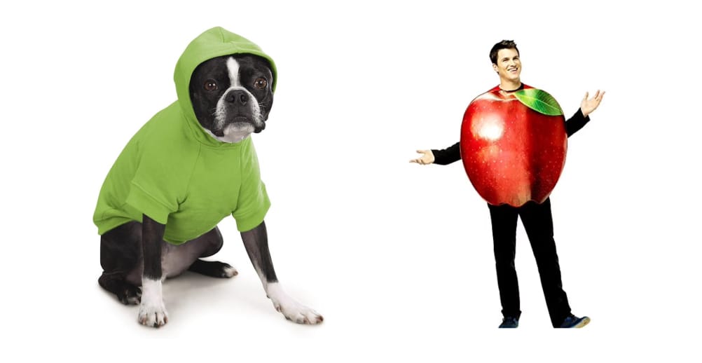 Dog in lime-green sweatshirt & parent in apple costume