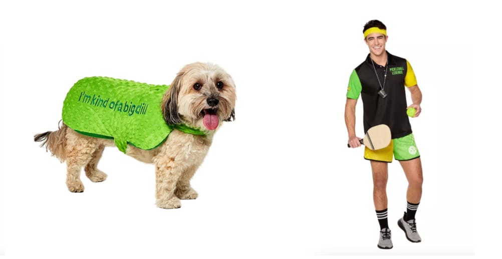 Dog dressed as a pickle & parent dressed as pickleball player